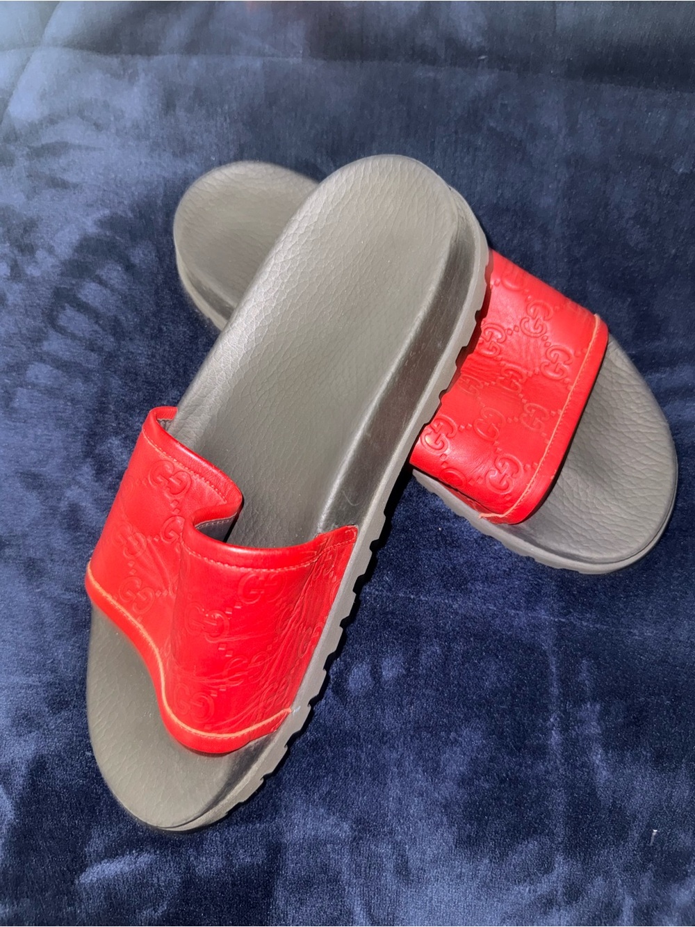 Gucci Red and Black Embossed Logo Slide Sandals